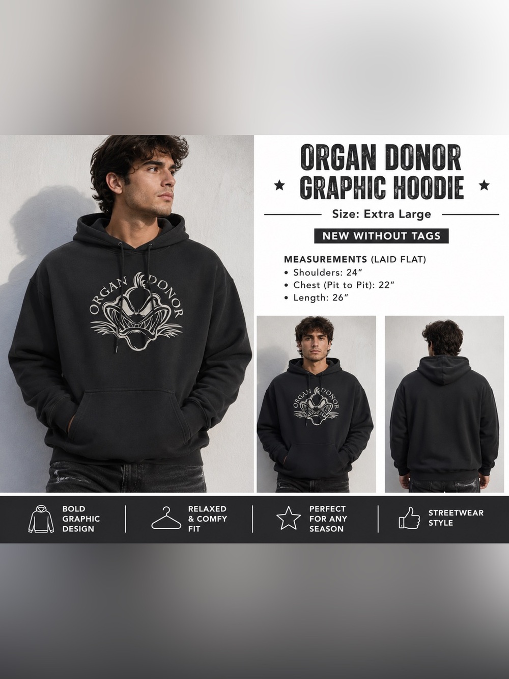 "Organ Donor Panther Fury – Extra Large Dark Blue Hoodie with Bold Graphic"
